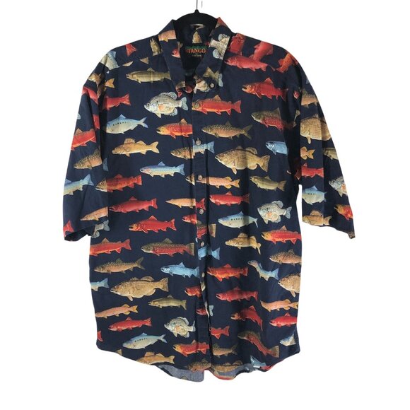 Tango by Max Raab Mens Button Down Shirt Novelty Fish Print Cotton Navy Blue XL - Picture 1 of 4